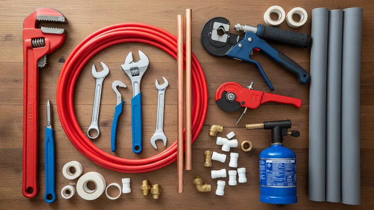 Rørtænger, skruenøgler, rørskærer og fittings på arbejdsbord