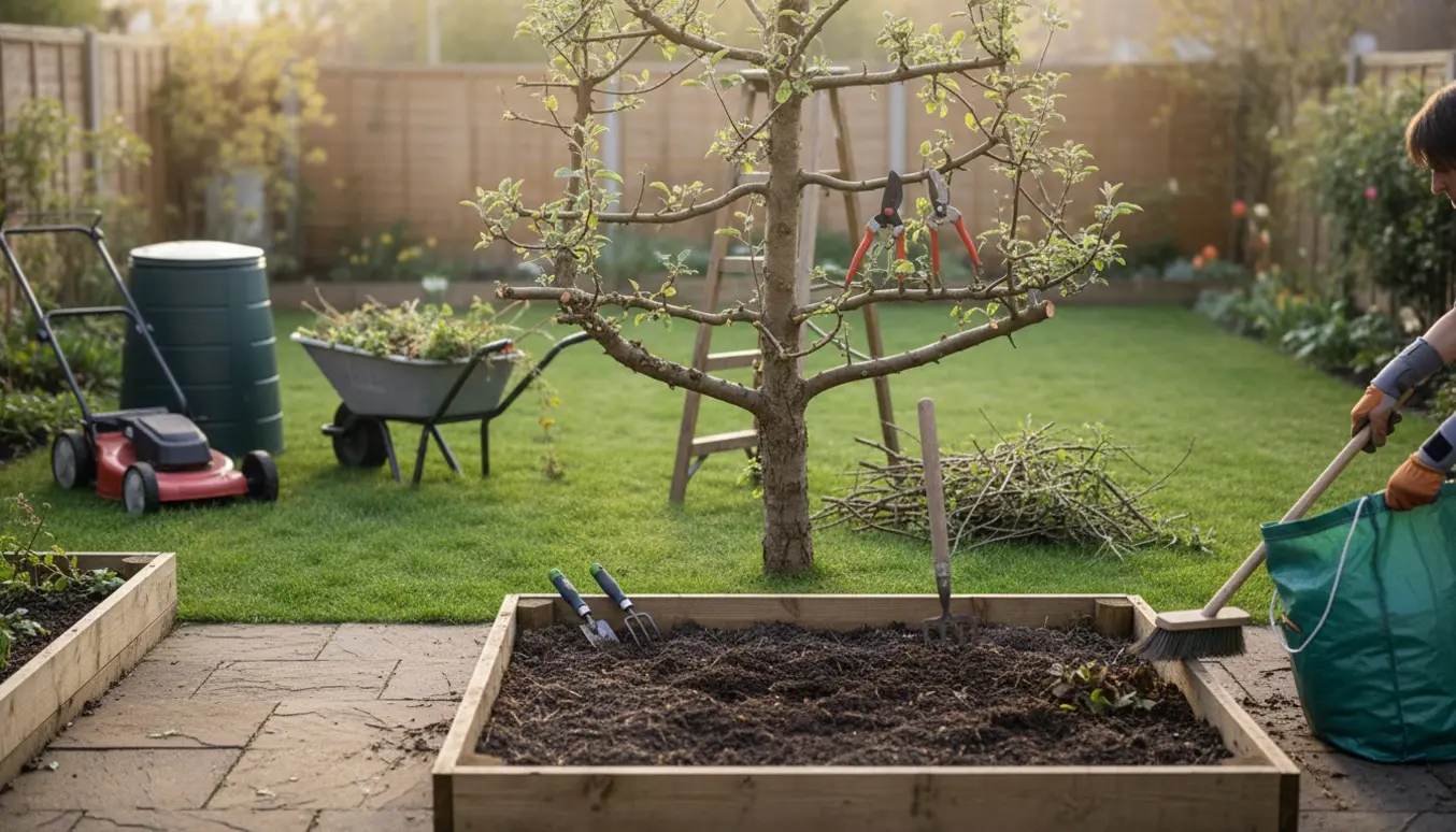 Forårsklargøring af rækkehushave med beskæring af æbletræ, forårsgravning af højbede, lugning og fejning, og en handske‑klædt hånd med håndledsbind i forgrunden.