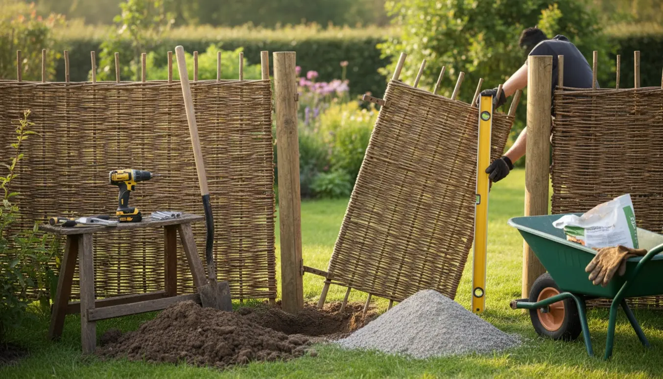 Pileflet-havelåge lænet mod et skævt stolpe med værktøj og frisk jord klar til at rette eller udskifte stolperne.