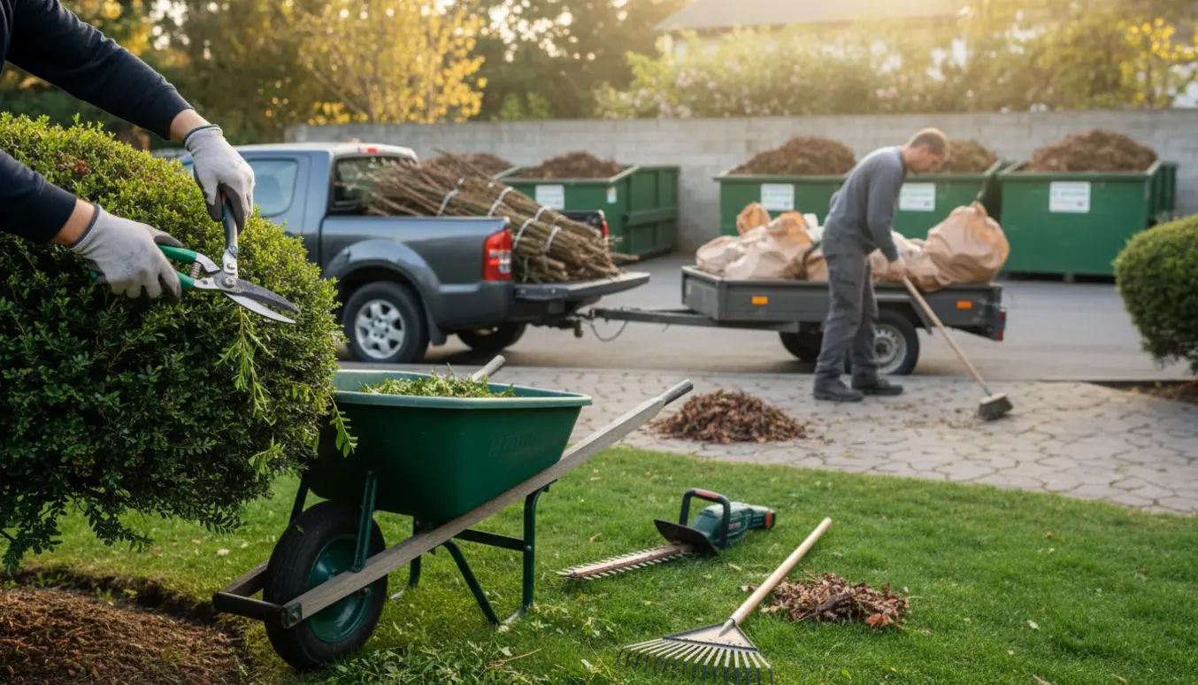 Beskæring og fejning i fælles have med lastbil og trailer fyldt med haveaffald på en solrig søndag.