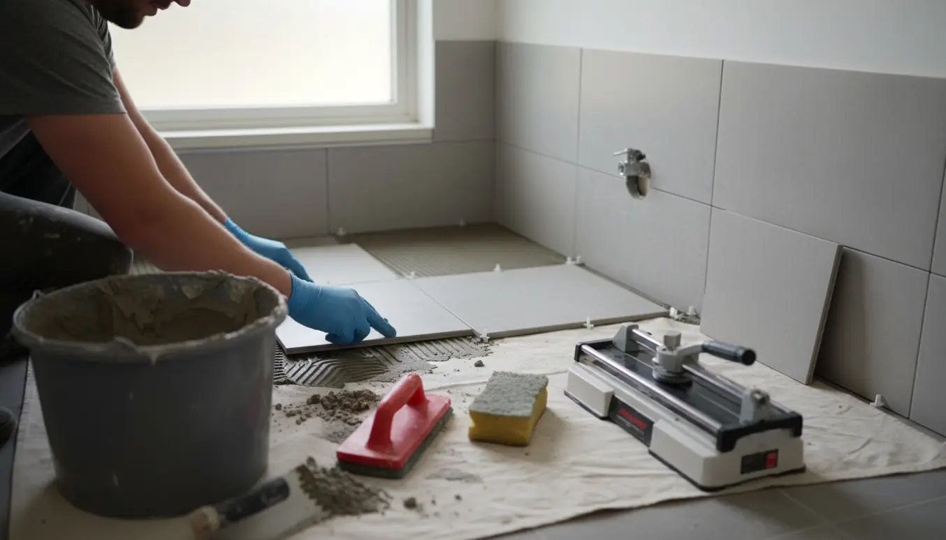 Hænder lægger nye grå fliser på et lille badeværelsesgulv med fliseklæb, fugeværktøj og afstandsklodser.