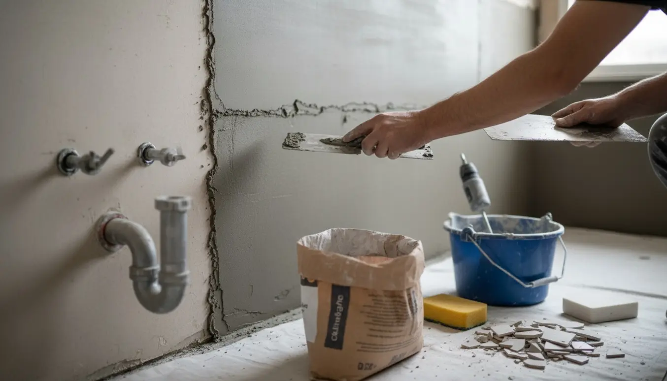 Hænder pudser ny mørtel på nederste del af en lille badeværelsesvæg tæt ved et toiletstativ.