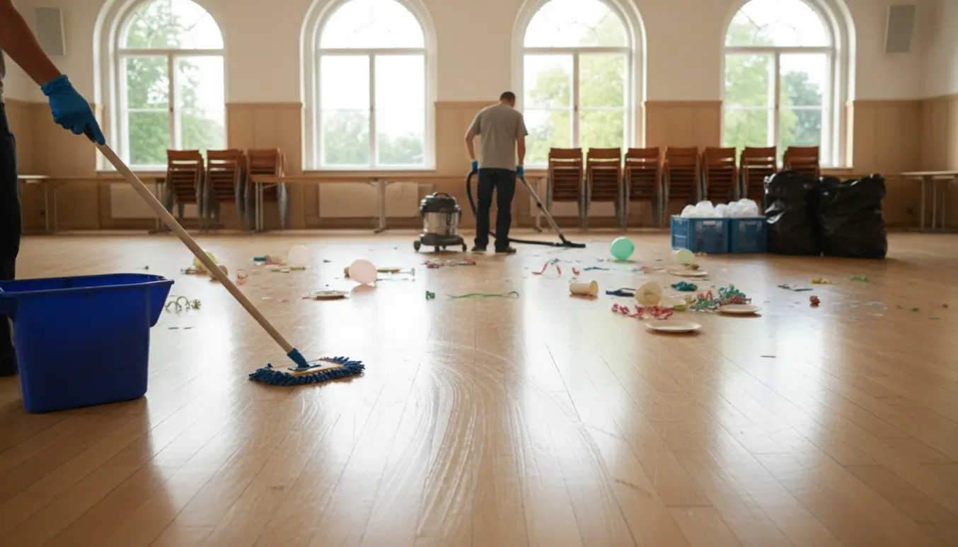 Rengøringspersoner mopper gulv og rydder op i et festlokale efter dimission.