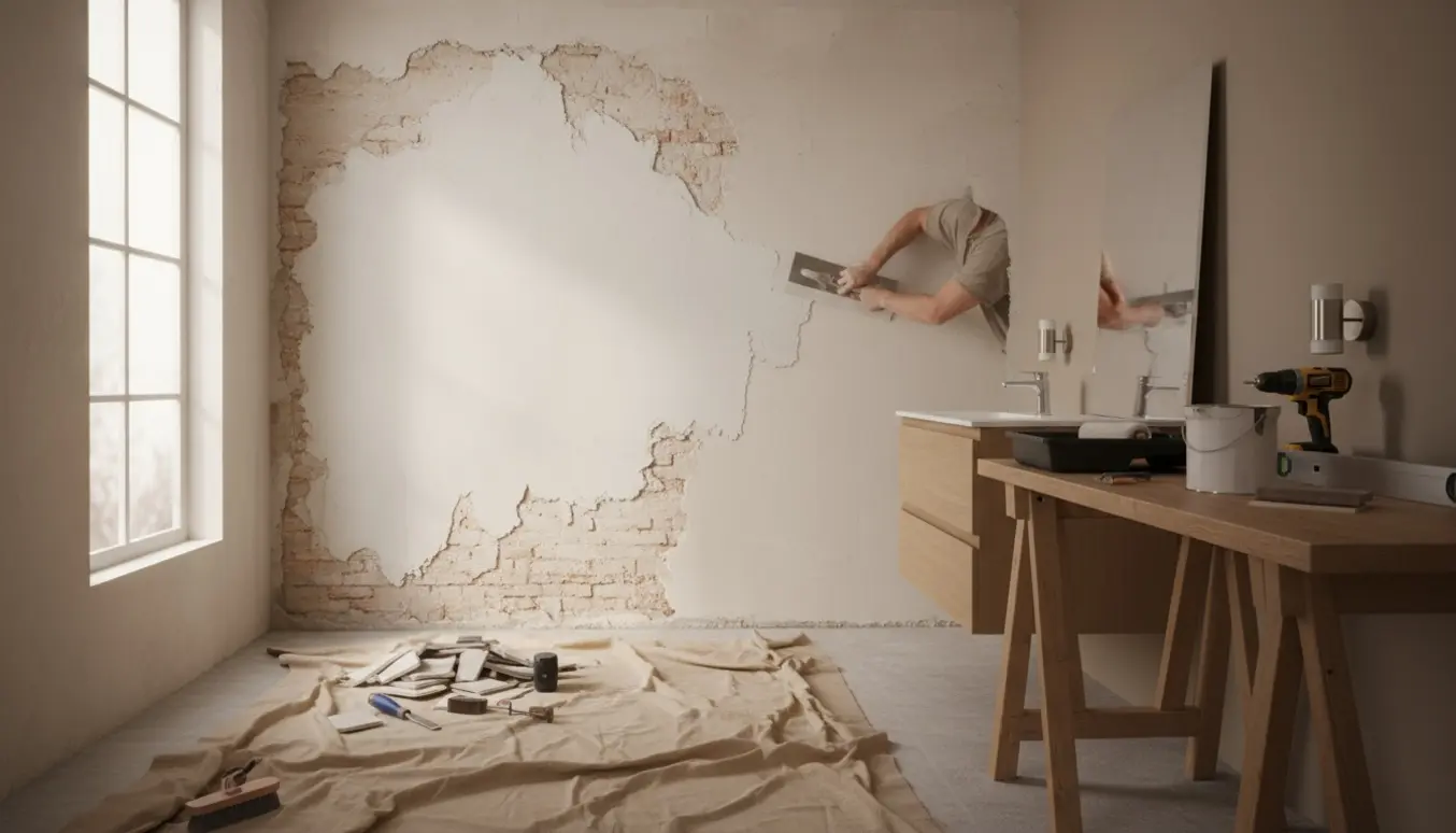 Badeværelse under renovering med fjernede fliser, spartlet væg og et slankt væghængt badeværelsesmøbel klar til montering.