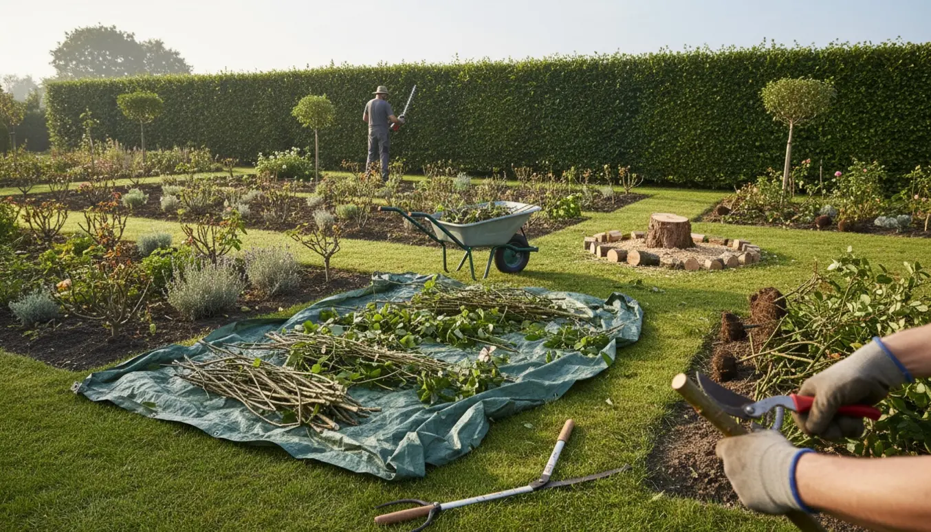 Lang hæk klippes mens stauder er kraftigt beskåret, gamle roser fjernet og et fældet træstump ligger i et ryddet staudebed.