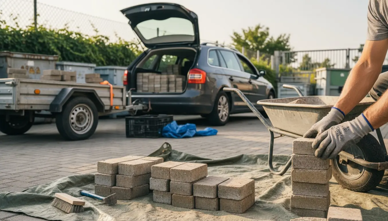 Hænder iført arbejdshandsker stabler små kvadratiske betonfliser ved en åben stationcar og trailer klar til genbrugspladsen.
