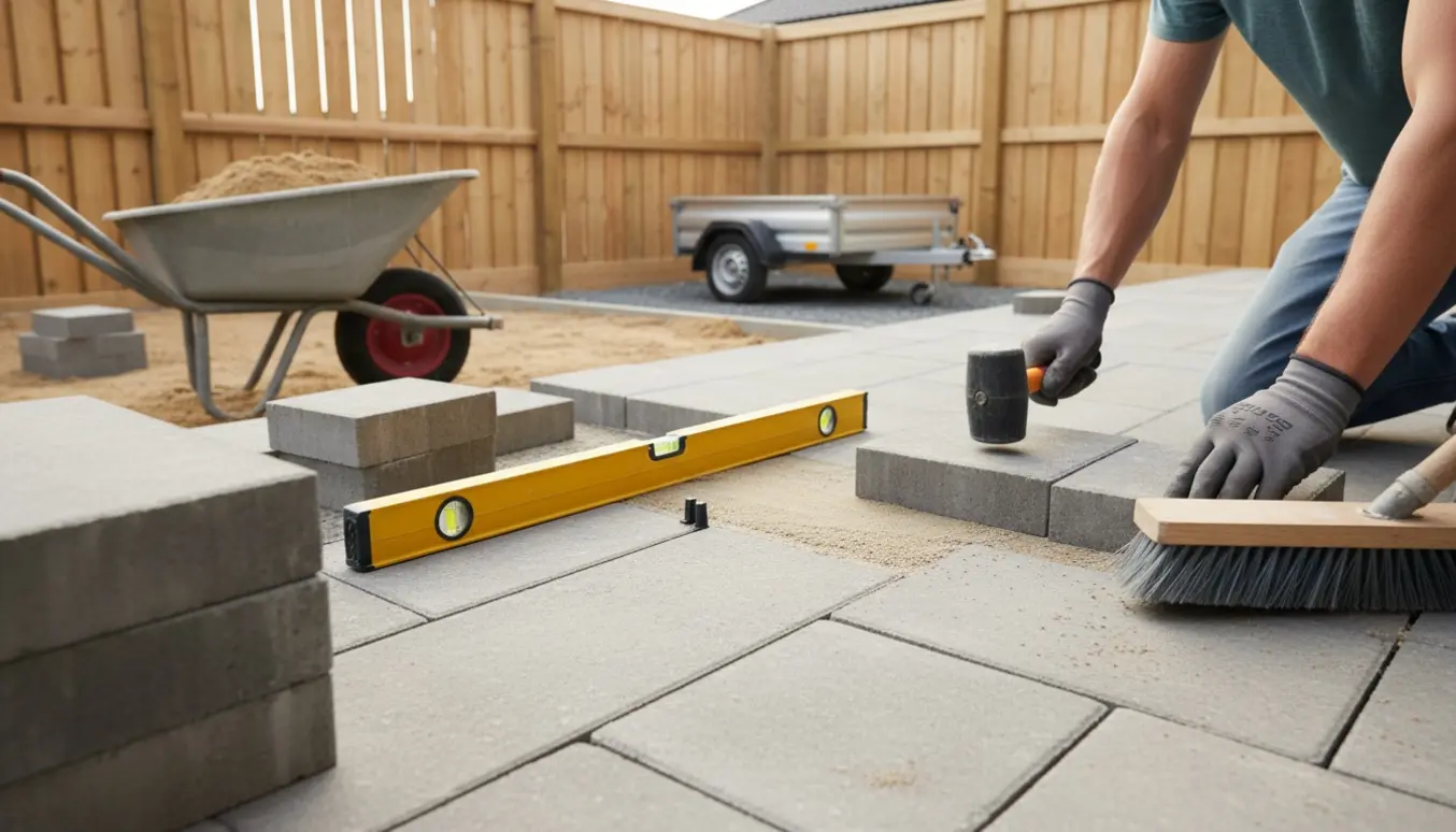 Nærbillede af flisebelægning ved nyt hegn med værktøj og en lille trailer i trailerbåsen.