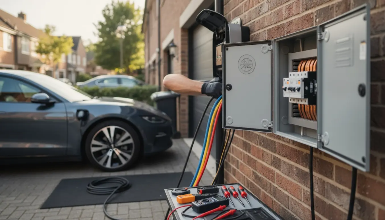 Hænder i handsker tilslutter tre fasekabler til en vægmonteret elbiloplader ved et rækkehus.