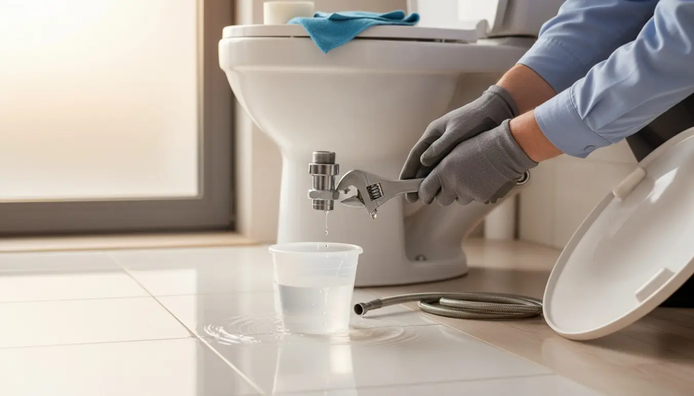 Nærbillede af et løst indløbsrør til et toilet med skruenøgle og en spand under, der opsamler dryp.