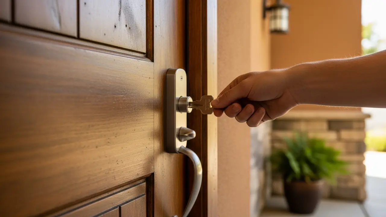 Nærbillede af hoveddør med nøgle ved en cylinderlås, symboliserer hjemmets sikkerhed.