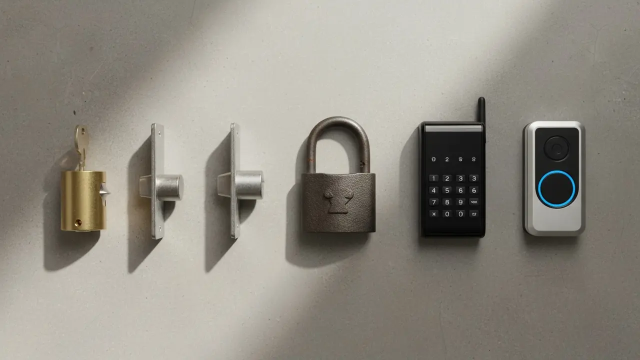 Udvalg af låsetyper: cylinder, kodelås, hængelås, deadbolt og fingeraftrykssensor lagt frem.