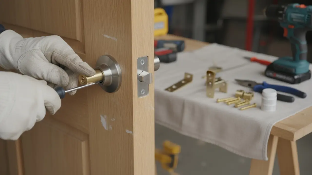 Nærbillede af hænder, der monterer en ny låsekasse i en dør med skruetrækker og tilbehør.