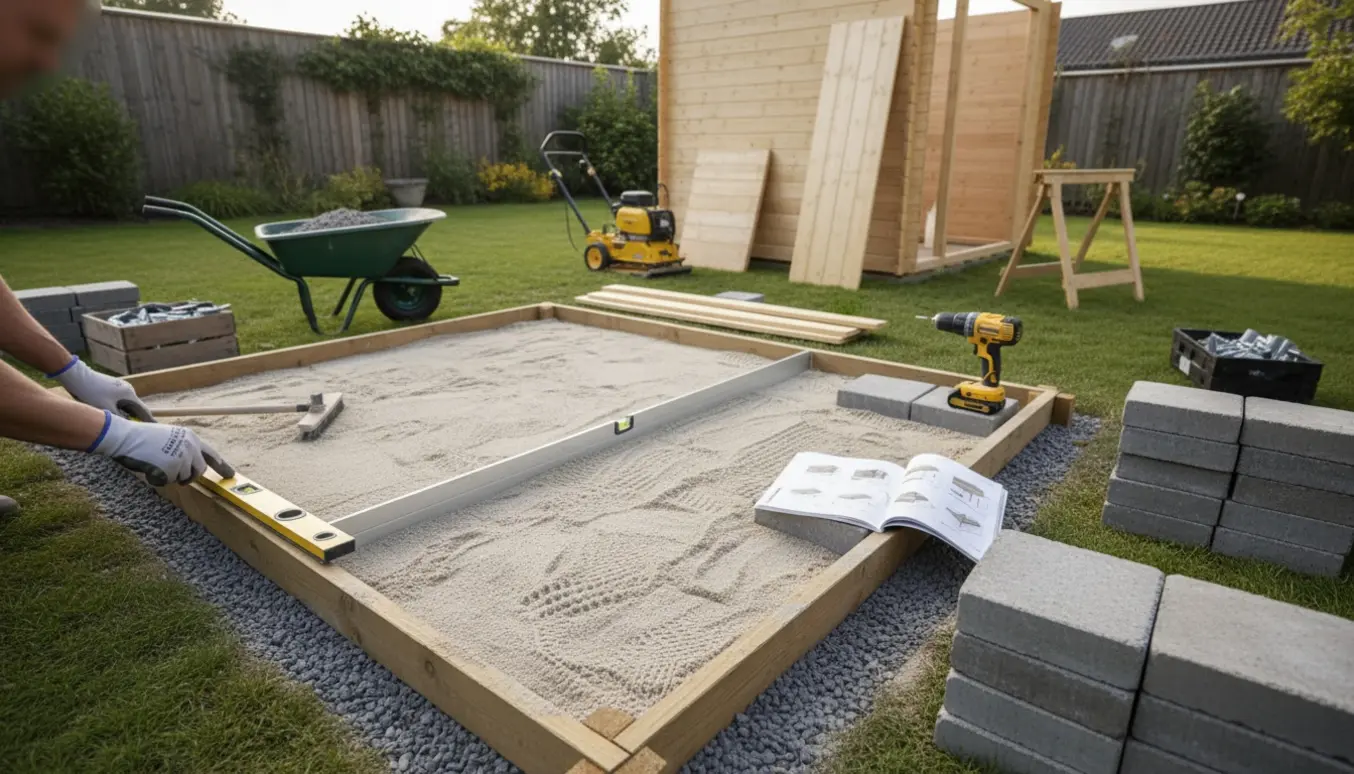 Baghave med fundament klar, hænder planerer sand og lægger fliser ved et delvist samlet redskabsskur.
