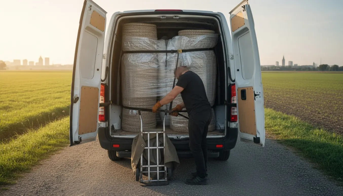 Bagagerummet på en kassevogn med et stort rullet tæppe sikret med stropper på en jysk landevej.