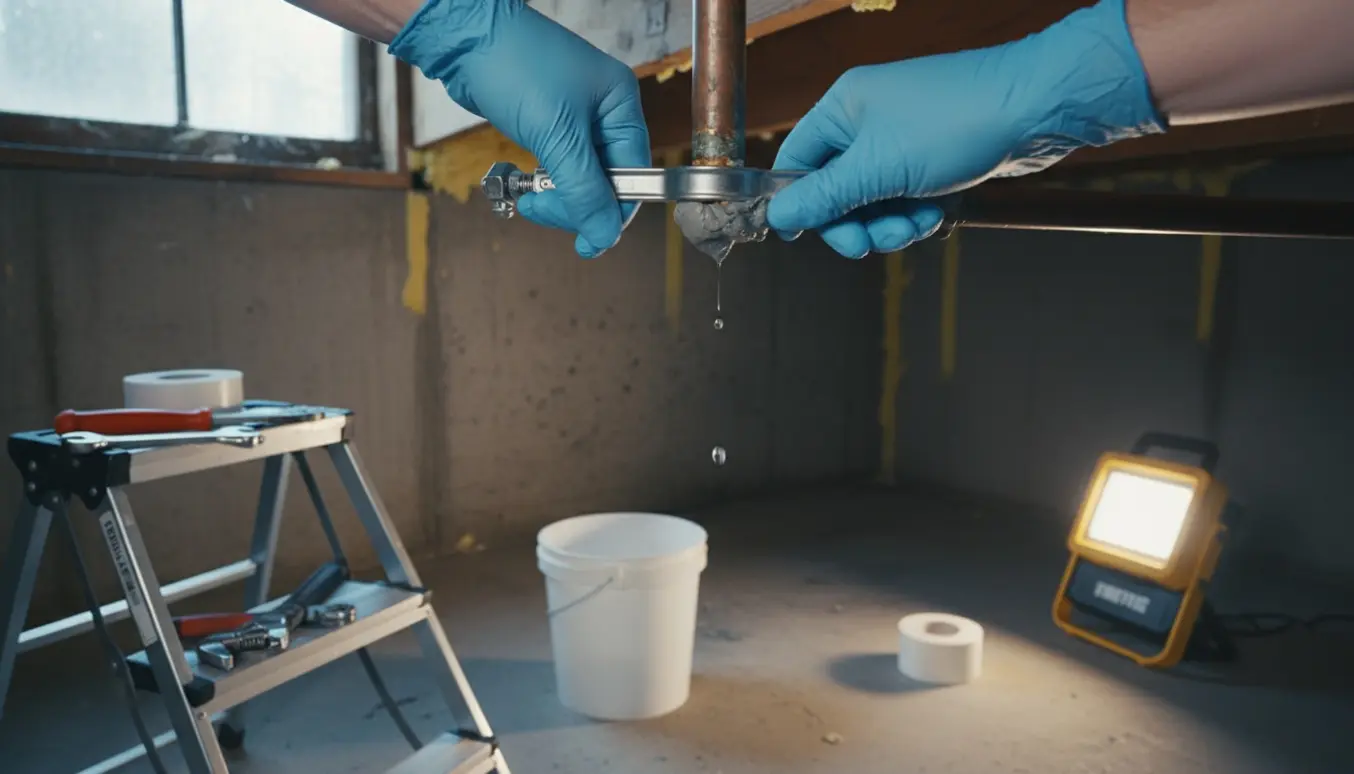 Iført handsker repareres et dryppende kobberrør i kældertaget, mens en spand fanger dryppet.