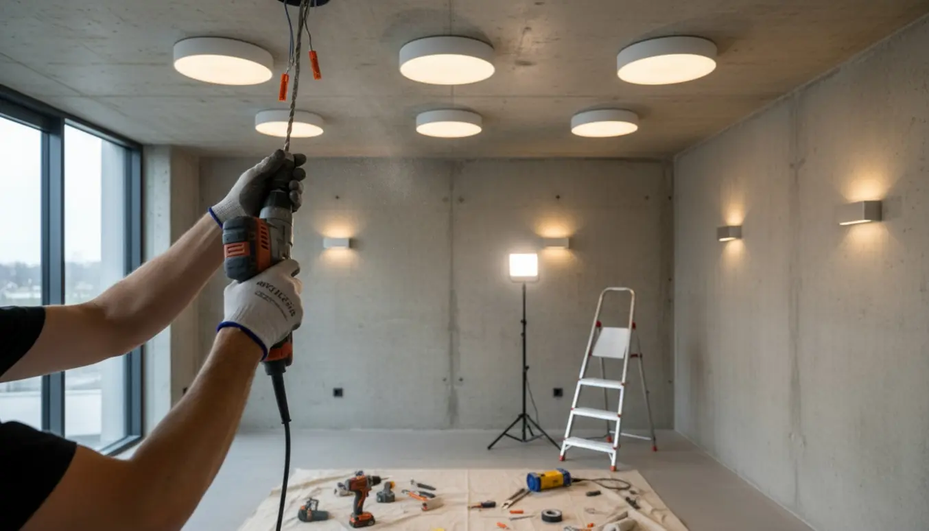 Hænder monterer en loftslampe i et rum med rå betonvægge og -loft, mens flere lamper allerede er installeret.