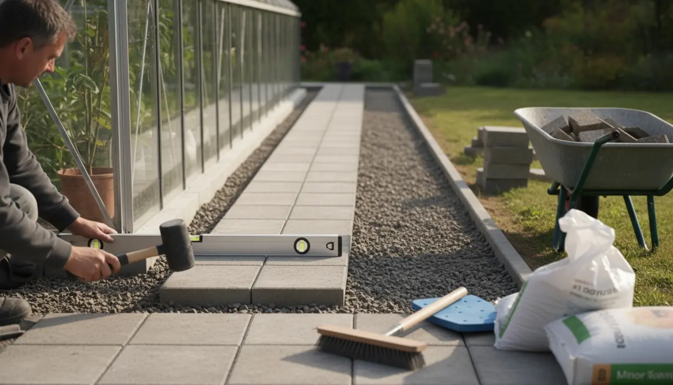 Nye 40x40 fliser lagt i to rækker langs et drivhus med grusunderlag og stak af fjernede fliser.