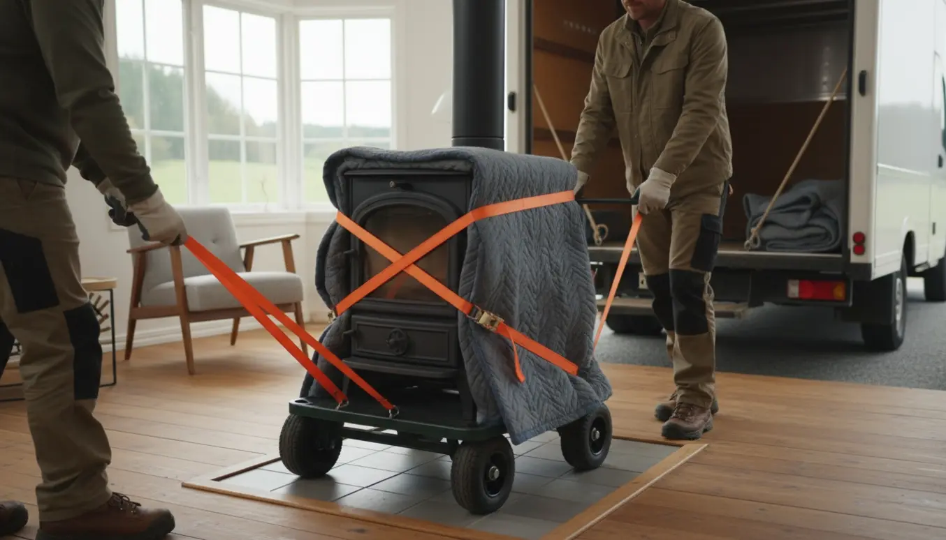 To flyttemænd flytter en tung støbejernsbrændeovn på en dolly fra en hyggelig stue ind i en flyttevogn.