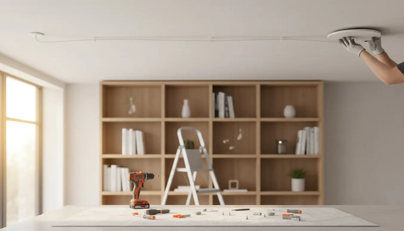 Slimline loftlampe holdes op mod et gipsloft over en reol, med ledning og værktøj synligt.