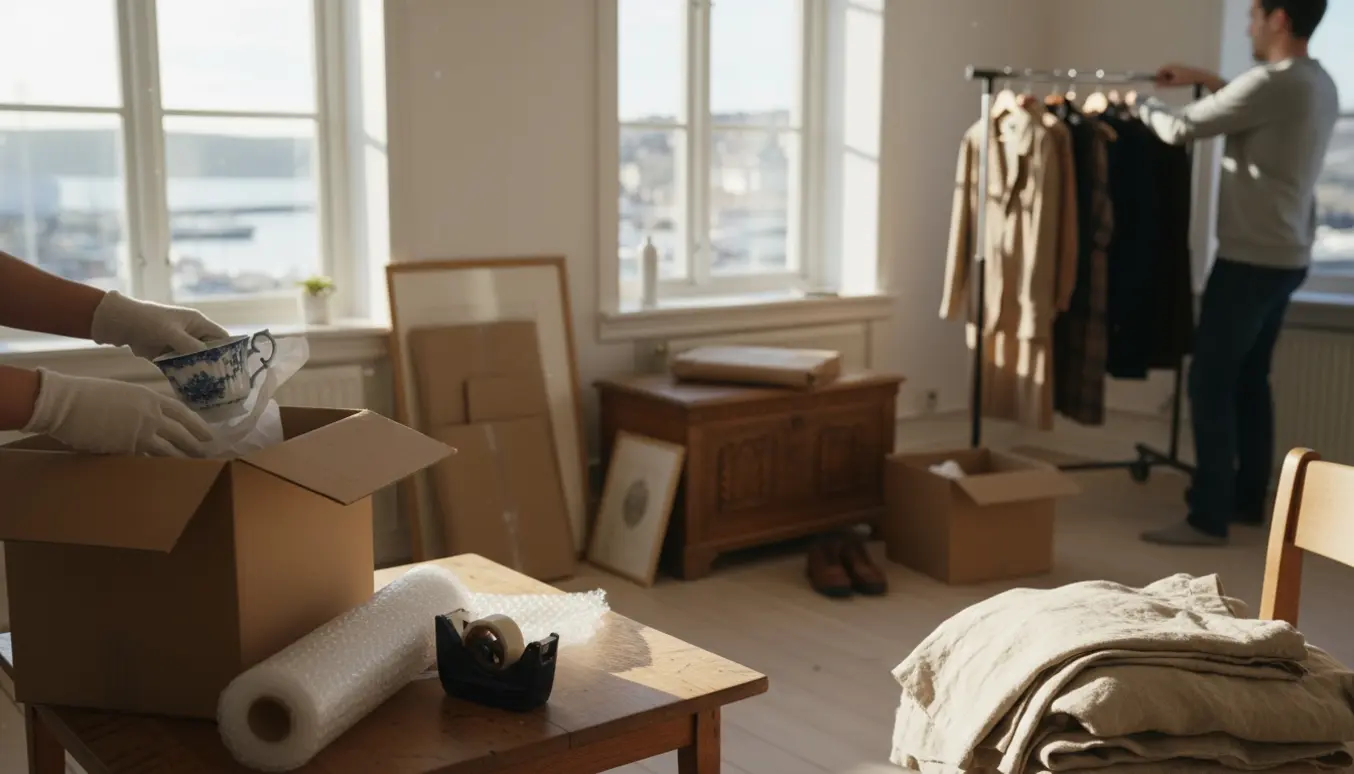 Hænder pakker porcelæn i kasser i en lys dansk lejlighed under rydning af dødsbo.
