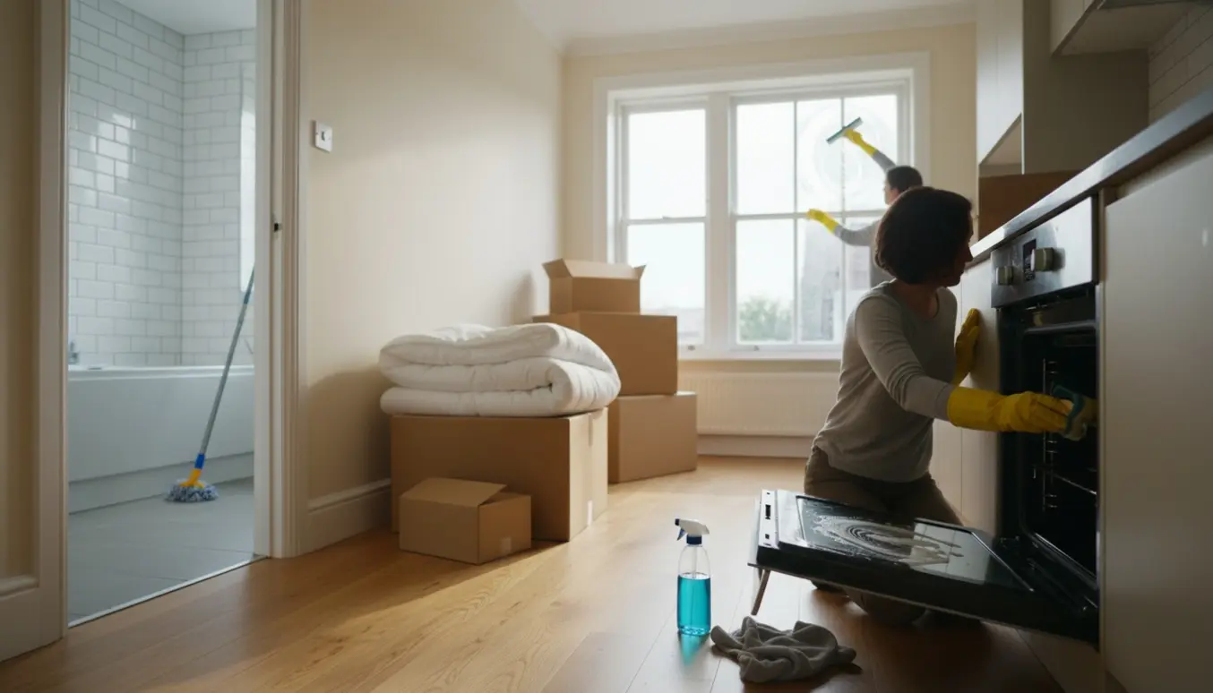 Rækkehusinteriør ved flytteaflevering med ovnrens, vinduespudsning og pakkede flyttekasser.