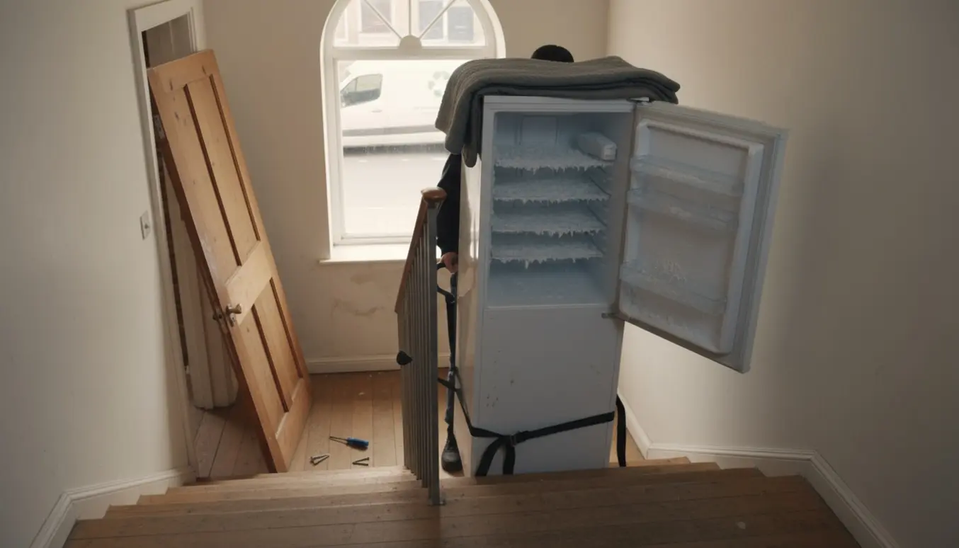 To personer fjerner et defekt højt køle-/fryseskab fra tredje sal, fryseren med is synlig og køkkendøren løftet af hængsler.