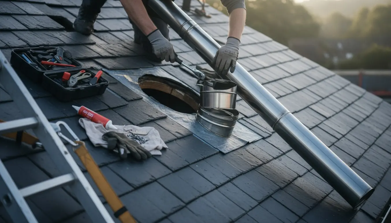 Håndværkere afmonterer en stålskorsten gennem decratag på et skifertag med værktøj og rørstykker på taget.