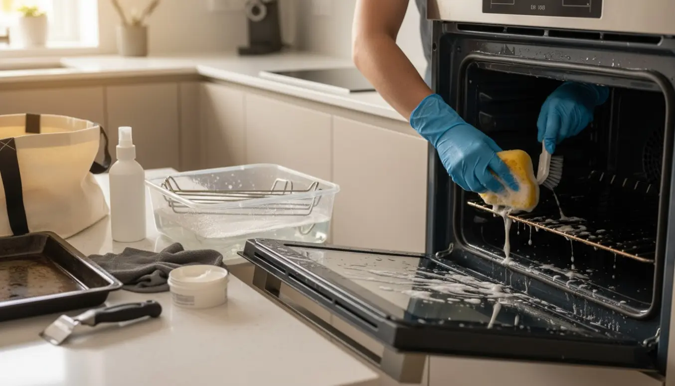 Hænder i gummihandsker skrubber en åben ovn med ovnriste og rengøringsmidler på bordet.