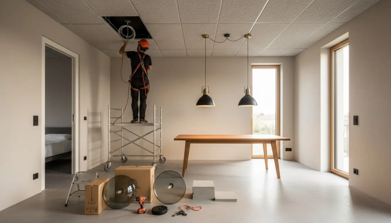 Tekniker på stillads monterer pendel i højloftet stue med to lamper over spisebordet og værktøj i baggrunden.
