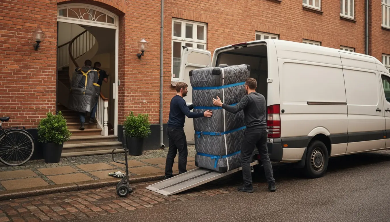 To flyttefolk læsser et 2 m højt køleskab ind i en hvid flyttebil foran en københavnsk opgang klar til levering på 2. sal.