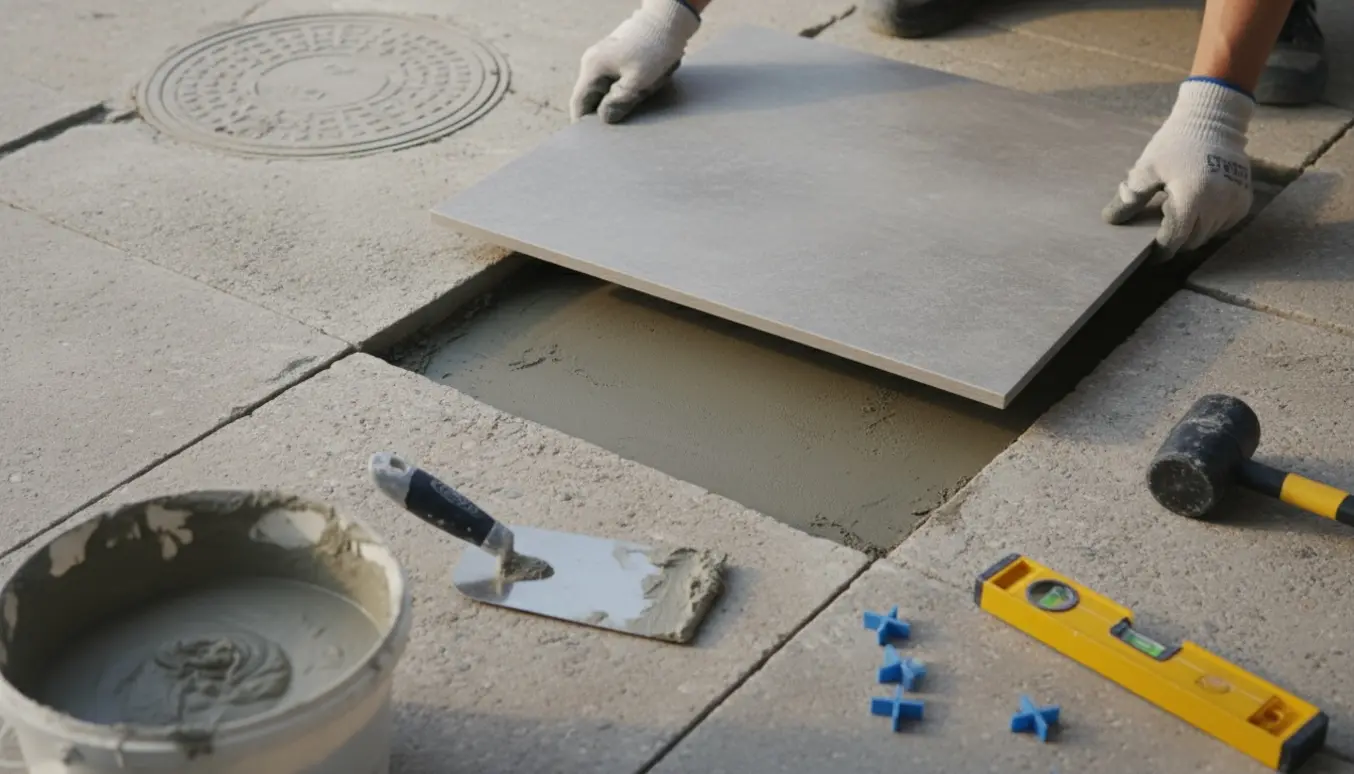 Hænder placerer en stor kvadratisk flise i mørtel ved en nyligt repareret åbning til en cisterne.