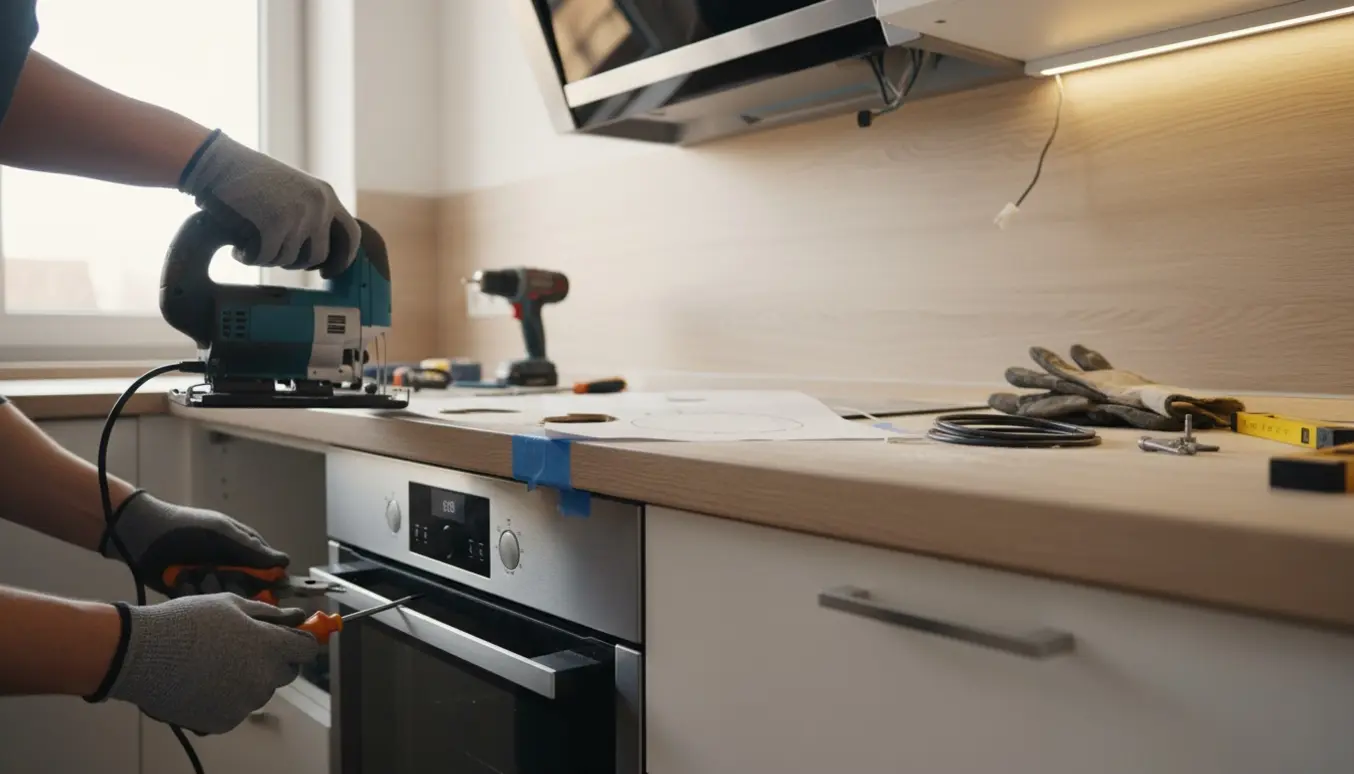 Håndværker skærer hul i laminatbordplade, mens ovn og emhætte tilsluttes.