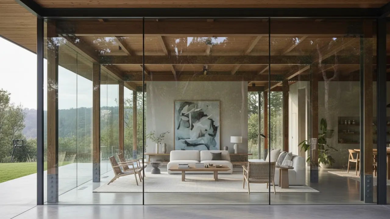 Moderne husfacade med synligt indrettet stue gennem store vinduer