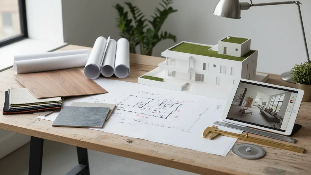 Arkitektbord med plantegninger, model og materialer til et byggeri