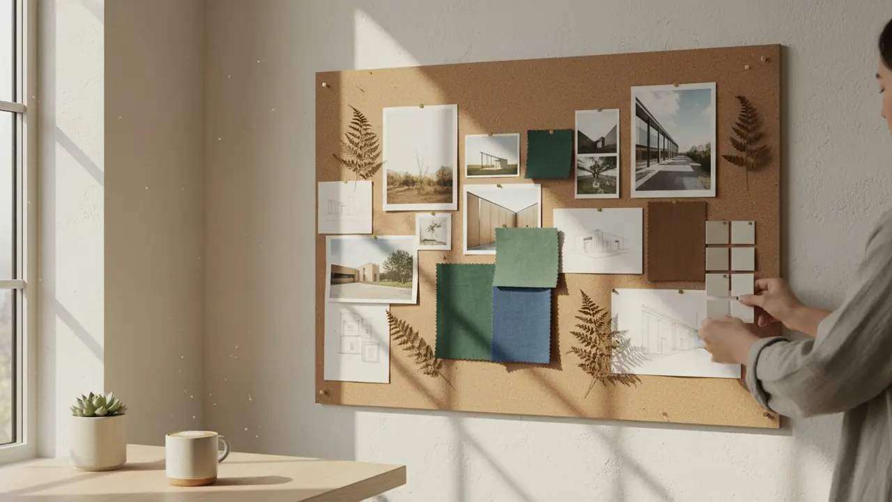 Moodboard med farveprøver, stofprøver og inspirationsbilleder under naturligt lys