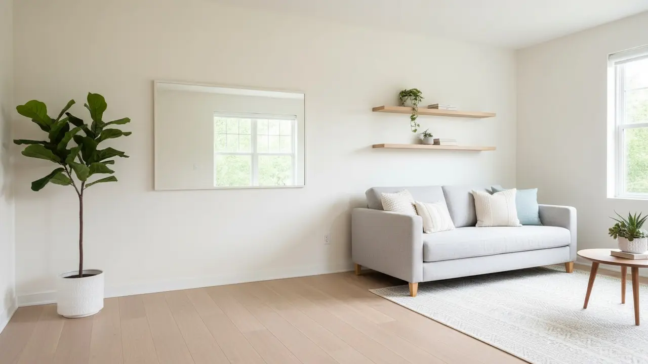 Lyst, lille stue med spejl, vægmonterede møbler og lyse farver for rumfornemmelse