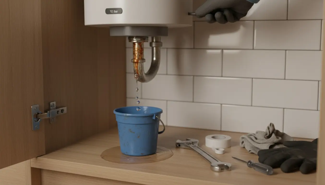 Utæt overløbsrør på en lille varmvandsbeholder drypper i en spand under køkkenvasken.