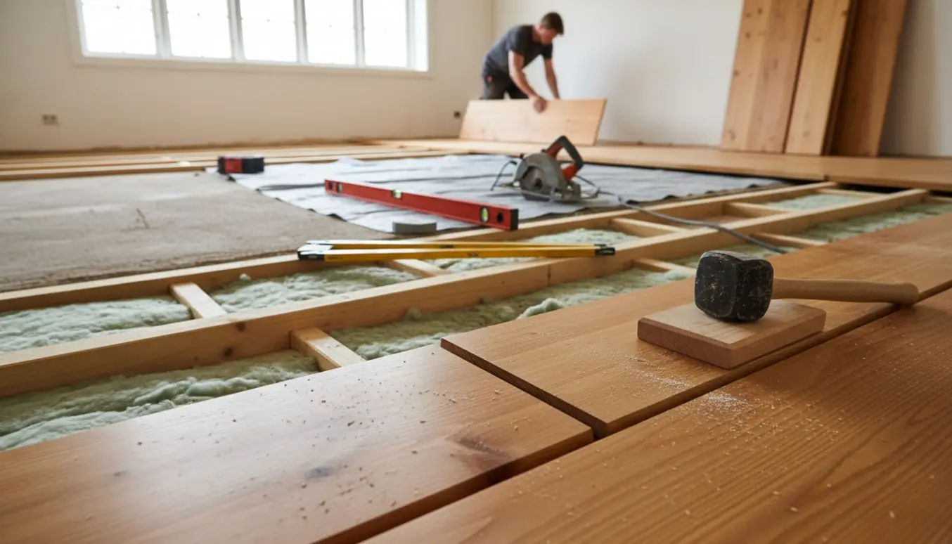 Delvist færdigt stuegulv med nye amerikanske fyrretræsplanker, synlige strøer, isolering og værktøj i naturligt lys.