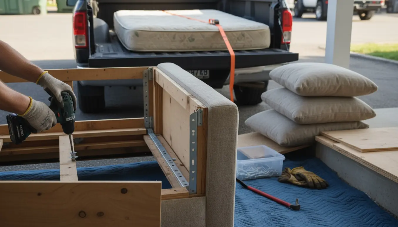 Afmontering og bortkørsel af en hjørnesofa med træplader og madras klar i ladbilen, værktøj og handsker synlige.