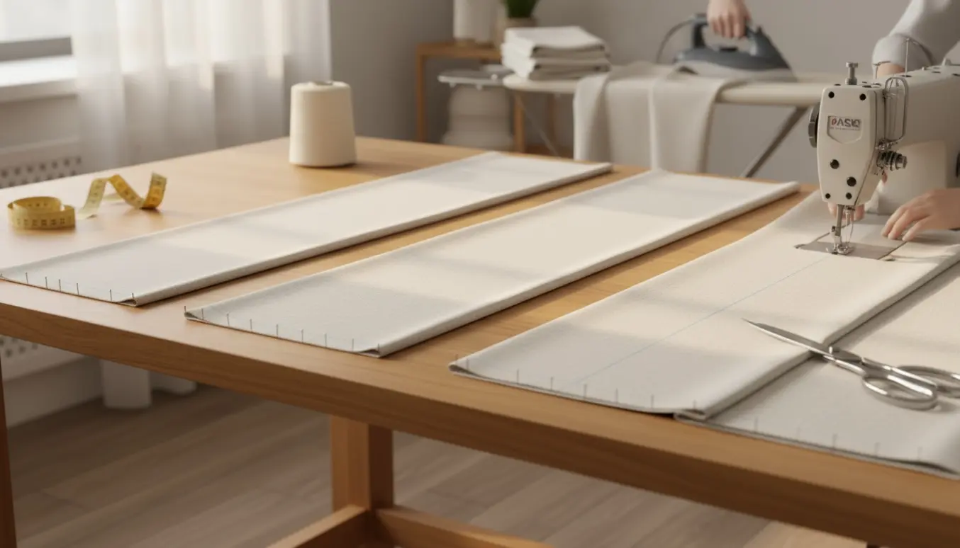 Fire lange polyestergardiner klippes og sys på et lyst sybord ved en symaskine.