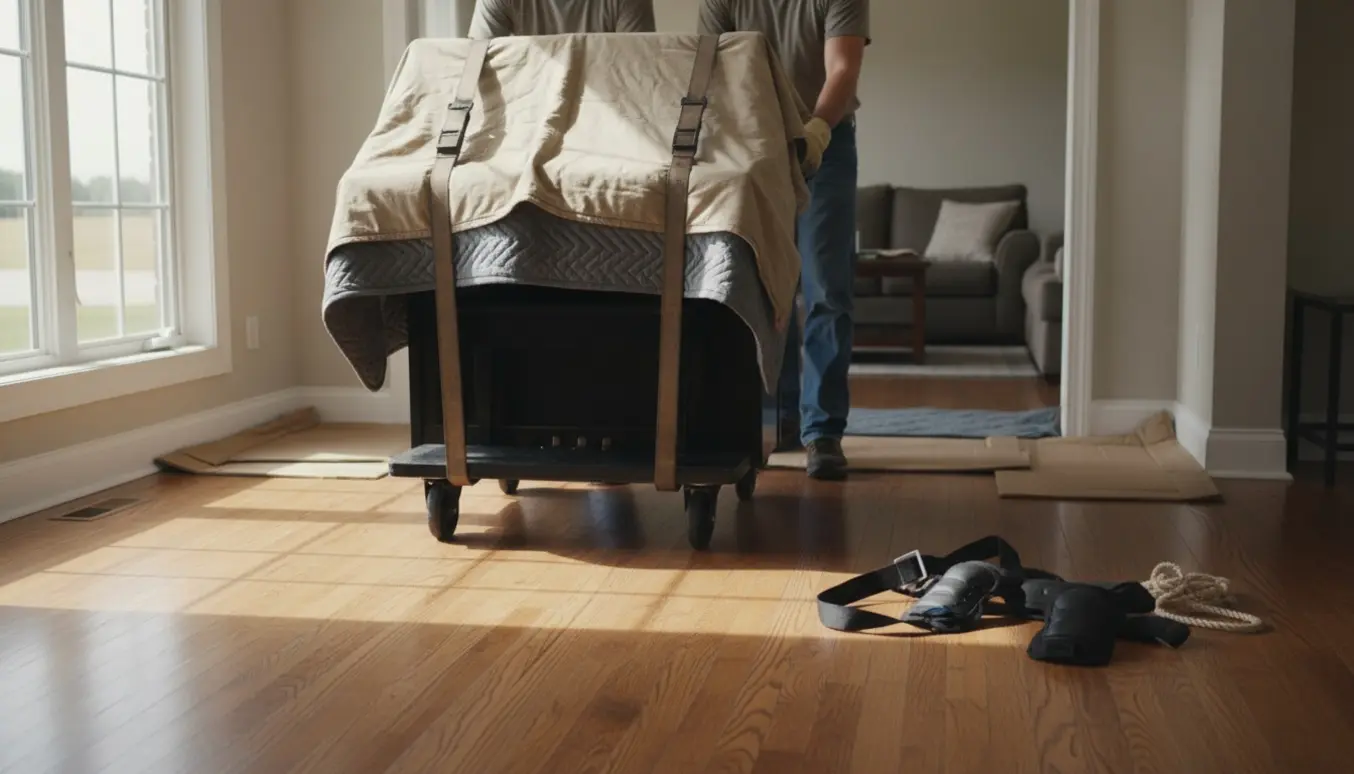 Et indpakket lille opretklaver flyttes en kort afstand på samme etage gennem en åben dør.