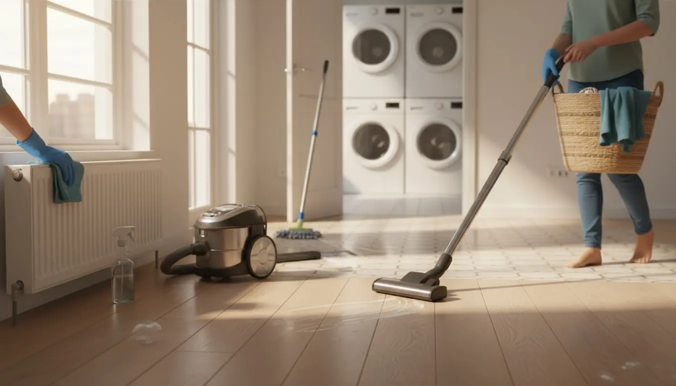 Solbelyst lejlighed hvor gulv støvsuges, paneler aftørres og en kurv med vasketøj bæres mod vaskerum.