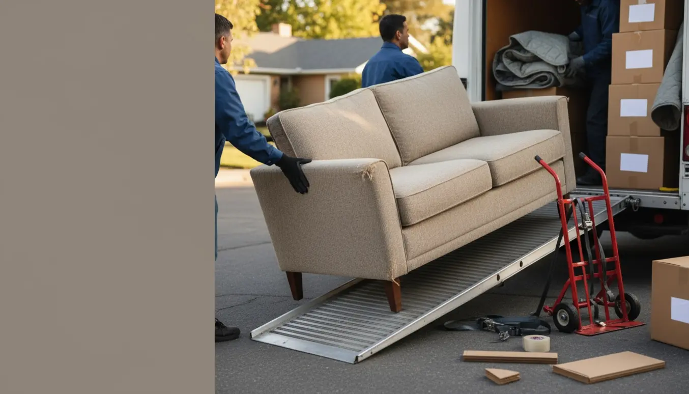 To flyttemænd læsser en to-personers sofa ind i en flyttevan i et roligt forstadsmiljø.