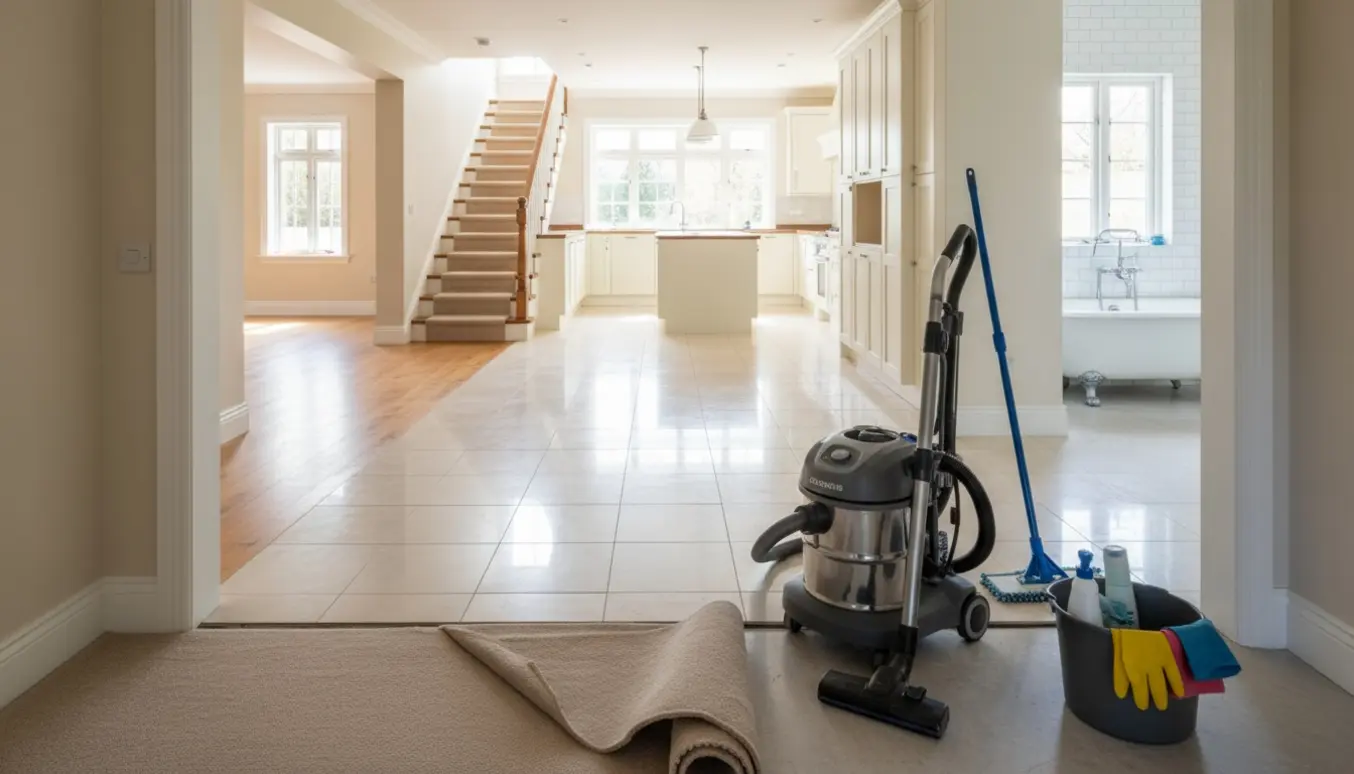 Fraflytningsrengøring i et tomt to-etagers hus med rengøringsudstyr og delvist rullet væg-til-væg-tæppe.