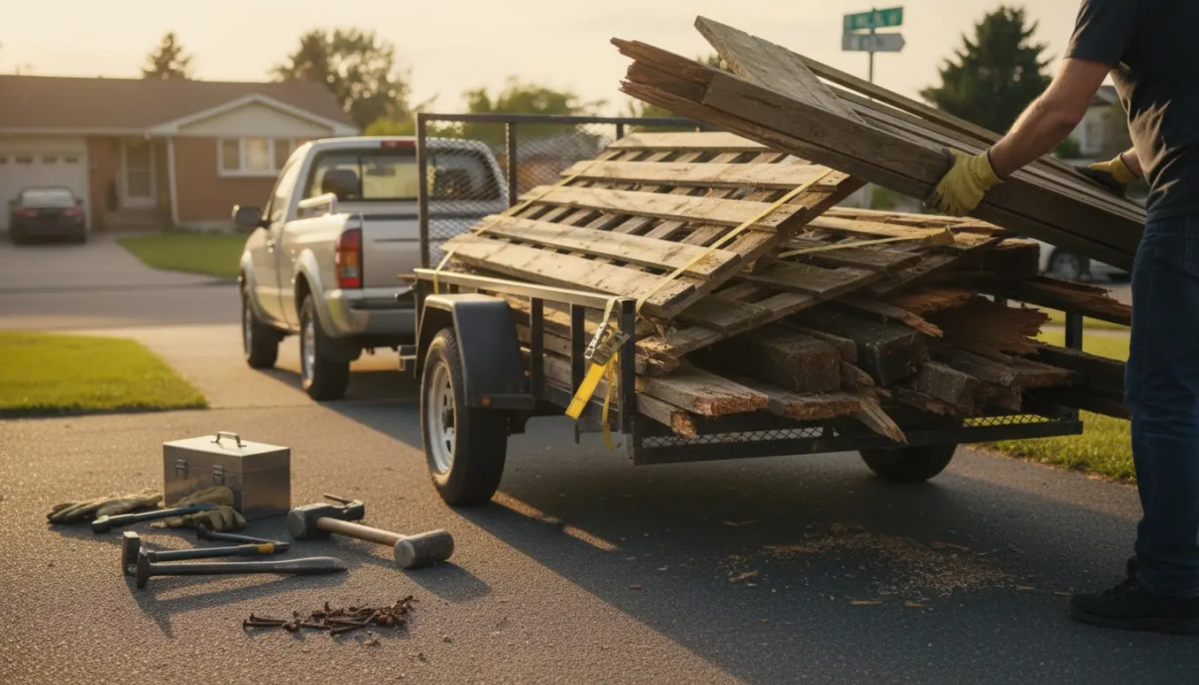 Treværk fra et nedrevet hegn læsses på en trailer i en indkørsel, to personer set fra ryggen uden tydelige ansigter.