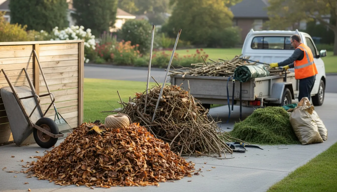Tre bunker haveaffald ved en indkørsel med blade, grene (inkl. tørrestativstolper) og en trailer klar til afhentning.