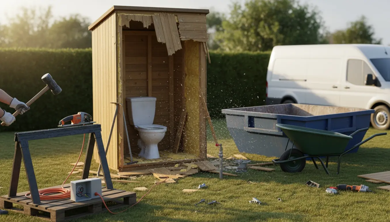 Halvt nedrevet trætoiletskur i haven med værktøj, lukket vandventil og container til affald.