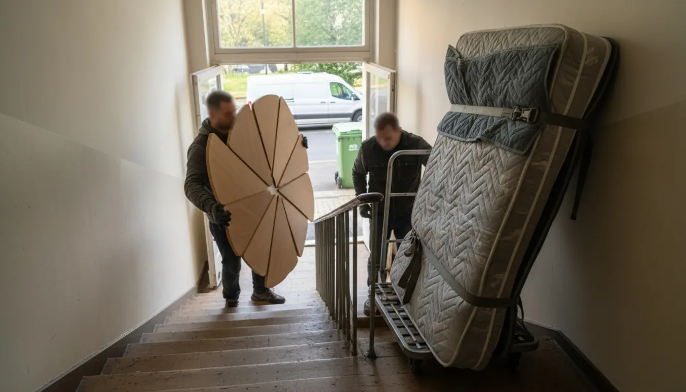 To flyttefolk bærer klædeskabsdele, et tungt bord og en indpakket boxmadras ned ad trappen mod en varevogn ved genbrugspladsen.