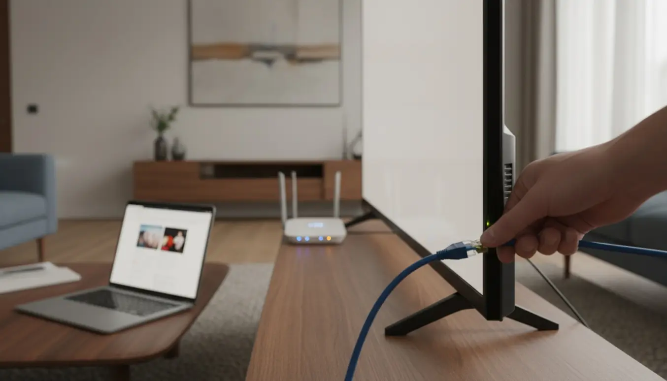 Hænder sætter et netværkskabel i et smart-tv i en lys stue med en åben bærbar og en router i baggrunden.