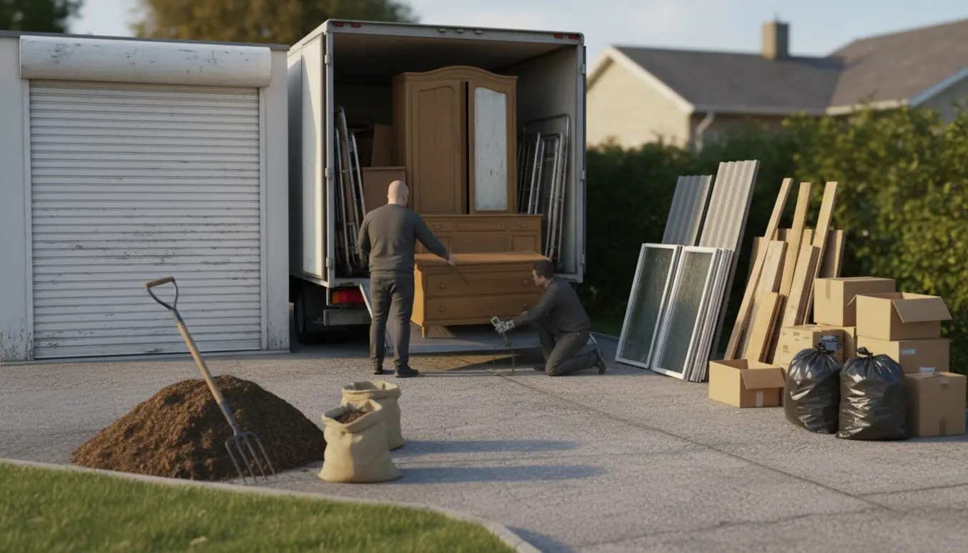 Hjælpere læsser gamle møbler, tagplader og skrot på en flyttetrailer foran en garage, mens en kompostbunke pakkes i poser.